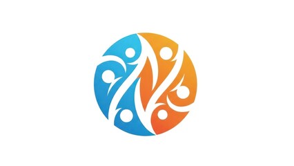 A colorful abstract design featuring a circle with a wave-like pattern and a mix of blue and orange colors.