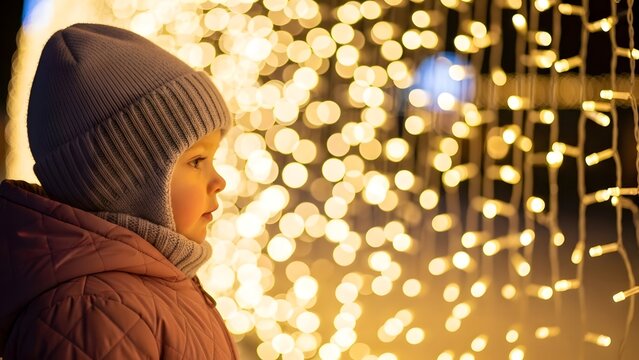 Closeup profile portrait of a small child wearing a warm knitted winter hat and jacket looking towards bright, outoffocus golden christmas string lights creating a beautiful bokeh background - Powered by Adobe