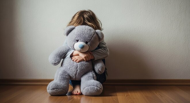Child hugging teddy bear, feeling lonely and sad.