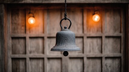 Obraz premium A bell is hanging in the center near a wooden wall with lights glowing softly on both sides
