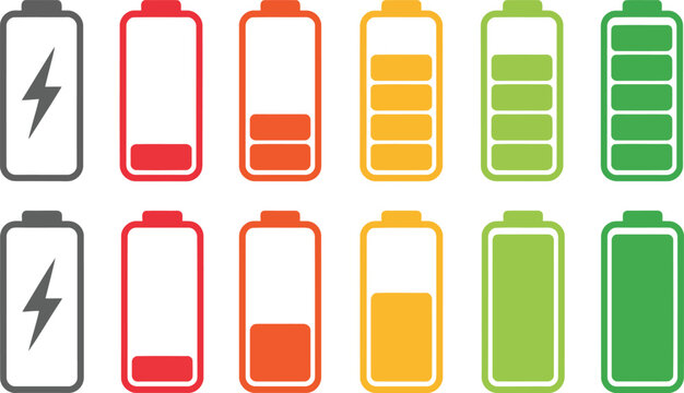 Collection of battery icons showing different charge levels and colors