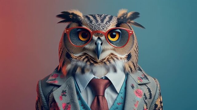 Great horned owl portrait at night, a cute cartoon character illustration of a funny wise brown bird with big eyes on a tree branch for Halloween fun design
