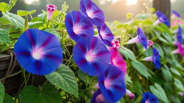 Purple and blue morning glory flowers with green leaves in a garden setting.
