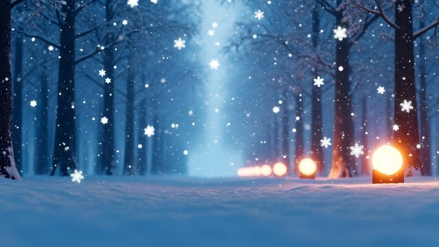 Enchanting winter forest path illuminated by glowing orbs and falling snowflakes, creating a magical, serene, and mysterious atmosphere with deep blue tones and bright light beams - Powered by Adobe