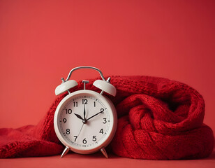 A vintage-style white alarm clock wrapped in a cozy red scarf against a vibrant red background, conveying warmth and comfort. Ideal for winter and cozy home concepts, red alarm clock on the bed