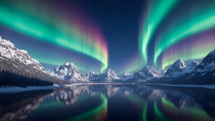 Vibrant aurora borealis over snowcapped mountains reflecting in a calm lake under a starry night sky
