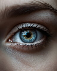 Obraz premium Extreme close up of human blue eye with detailed iris and eyelashes