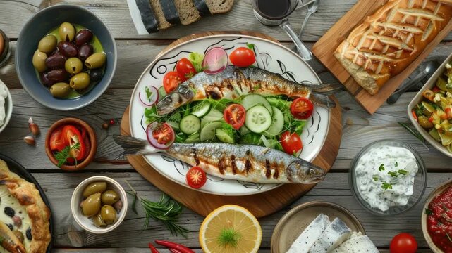 Video A wooden table set with plates of various foods, ideal for use in editorial or commercial contexts such as lifestyle magazines or restaurant promotions