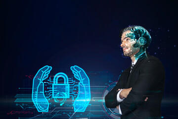 Businessman with an AI interface stands next to a glowing holographic security concept, symbolizing cyber security, data protection, network defense, and high-tech corporate risk management.