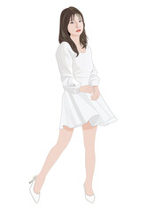 白いワンピースでポーズをとる若い女性イラスト