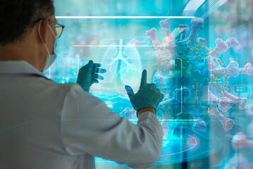 Doctor or surgeon uses a futuristic glowing holographic interface to analyze patient data, representing AI diagnostics, telehealth, big data, and high-tech medical innovation in a dark blue environmen