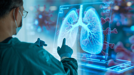 Doctor or surgeon uses a futuristic glowing holographic interface to analyze patient data, representing AI diagnostics, telehealth, big data, and high-tech medical innovation in a dark blue environmen