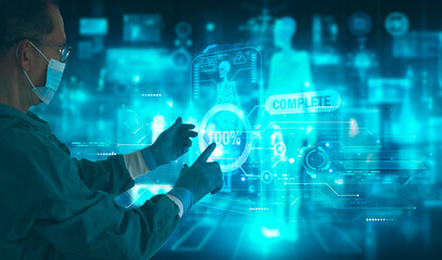 Doctor or surgeon uses a futuristic glowing holographic interface to analyze patient data, representing AI diagnostics, telehealth, big data, and high-tech medical innovation in a dark blue environmen