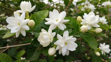 Obraz premium White jasmine flowers with green leaves on a tree branch.