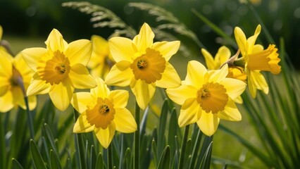 Fototapeta premium A vibrant display of yellow daffodils in a garden setting.