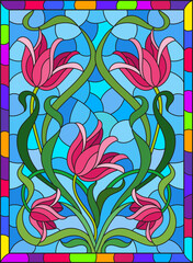 Fototapeta premium Illustration in stained glass style flower of pink lily on a blue background
