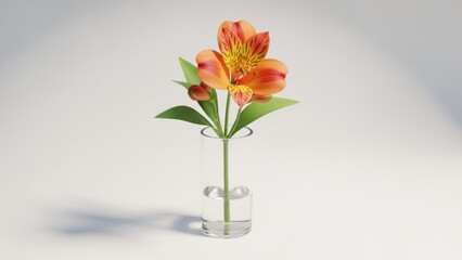 Obraz premium A single orange flower in a clear glass vase on a white background.