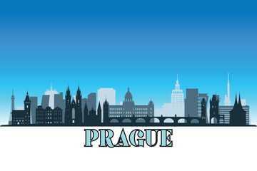 Naklejka premium Global city Prague shown in a detailed vector skyline with a bright blue sky