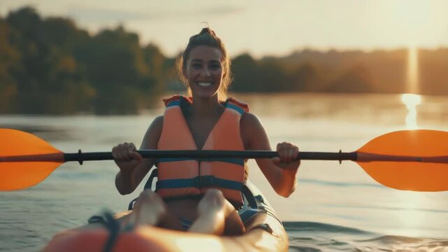 Video A woman wearing a life jacket paddles a kayak on calm waters - Powered by Adobe