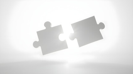 Two white puzzle pieces floating and connecting on white background