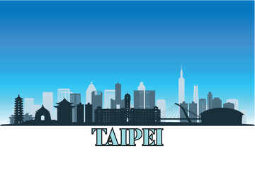 Naklejka premium Global city Taipei shown in a detailed vector skyline with a bright blue sky
