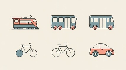 A train, bus, and car icons on a beige background.