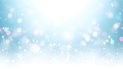 Abstract light blue bokeh background with falling snow or glitter effect and bright white center, isolated on white