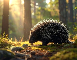 Spiky mammal foraging on forest floor, lit by sunlight