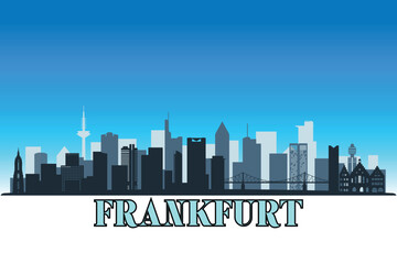Naklejka premium Global city Frankfurt shown in a detailed vector skyline with a bright blue sky