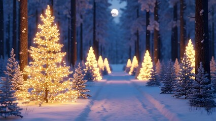 Magical winter forest path lined with glowing christmas trees under a full moon, creating a festive and enchanting holiday scene in the snow