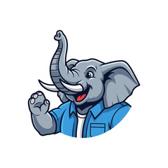 Cheerful cartoon elephant mascot wearing a blue collared shirt waves hello with raised trunk and hand