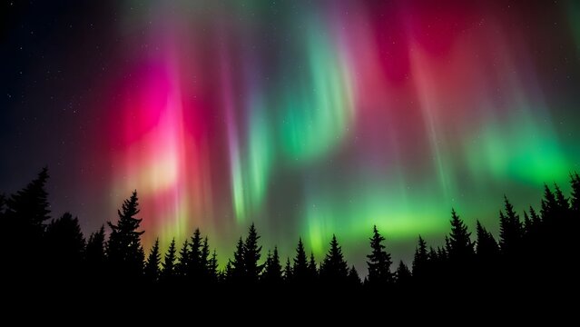 Vibrant aurora borealis with pink and green lights dancing over a silhouette of pine trees against a starry night sky - Powered by Adobe