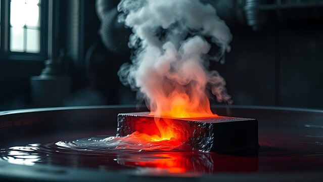 enthalpy. Red-hot steel being quenched in water, creating dramatic clouds of steam. safety posters, maintenance manuals, designed for industrial assembly lines and welding operations.