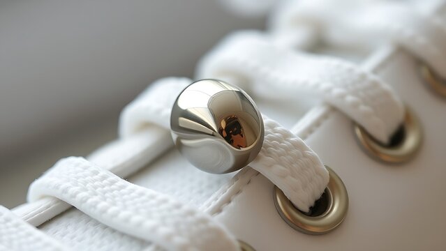 osmium. Polished metal aglet at the end of a white shoelace with metallic texture. lifestyle magazines, social media lookbooks, designed for lifestyle magazines and social media content.