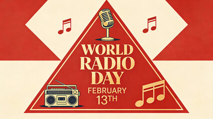 Triangle music and painting elements, representing World Radio Day (2.13) and the concept of broadcasting carrying culture, are suitable for broadcasting themed promotional materials.
