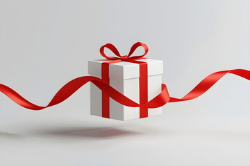 White Gift Box with Long Flowing Red Ribbon