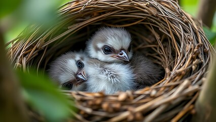 noticeably. A fluffy fledgling bird in a nest, smaller than its siblings, with a soft-focus background. wildlife magazines, conservation campaigns, designed for eco-tourism storytelling.