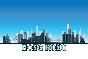 Naklejka premium Global city Hong Kong shown in a detailed vector skyline with a bright blue sky