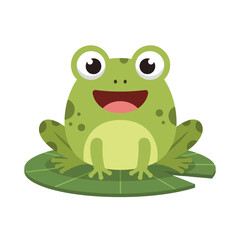 Obraz premium Cute cartoon green frog character sitting happily on a lily pad illustration