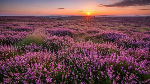 A vibrant field of purple heather with a setting sun in the background.