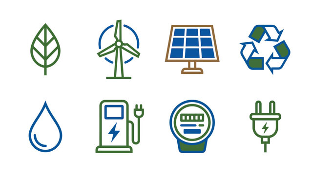 Clean Energy Icons Set Renewable Power Sources Electric Vehicle Charging Water and Sustainability Symbols for Eco Friendly Concepts
