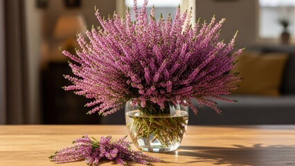 A vase of purple heather flowers on a wooden table.