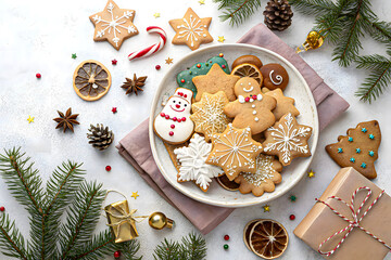 Homemade delicious Christmas gingerbread cookies and chocolate biscuits decorated with icing and sugar on a holiday table