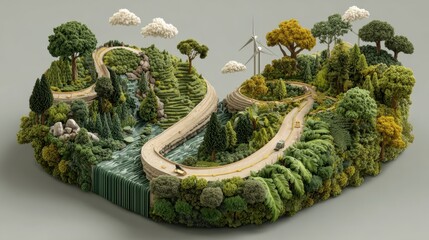 Green roadmap to net zero showing progress points toward achieving sustainability and environmental commitment in high quality realistic display