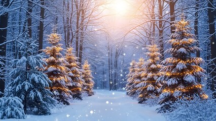 Magical winter forest path lined with snowcovered evergreen trees illuminated by warm lights under a bright, setting sun or rising sun, creating a festive and enchanting holiday atmosphere