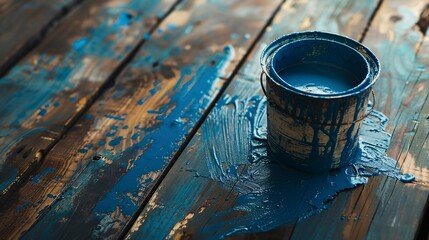 Naklejka premium A photo of a gallon of blue paint on a wooden e