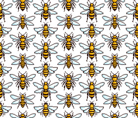 The seamless background with pixel bees.
