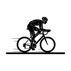 Naklejka premium A dynamic black and white silhouette of a professional cyclist leaning forward in a powerful race position, captured in a clean, minimal vector style perfect for sports branding and fitness themes.
