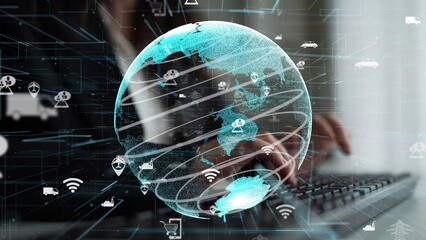 A futuristic representation of global connectivity featuring a digital globe surrounded by various icons, symbolizing transport, communication, and technology in a modern workspace. Xenic