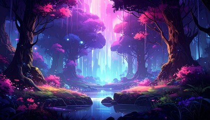 Obraz premium A vibrant fantasy forest with a stream, featuring glowing trees, foliage, and a mystical, ethereal atmosphere